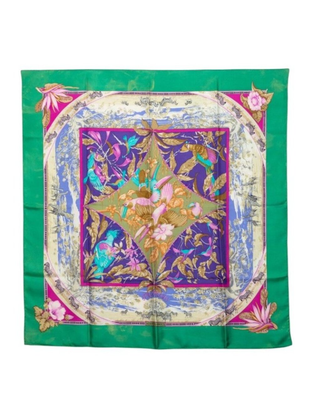 Hermes Carre 90 Tropiques Tropical Scarf Green Multicolor Silk